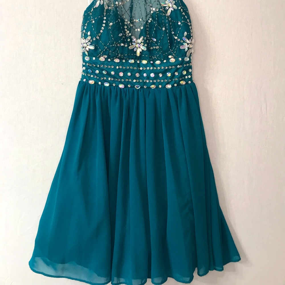 Charming Jeweled Cocktail Halter Dress -Teal